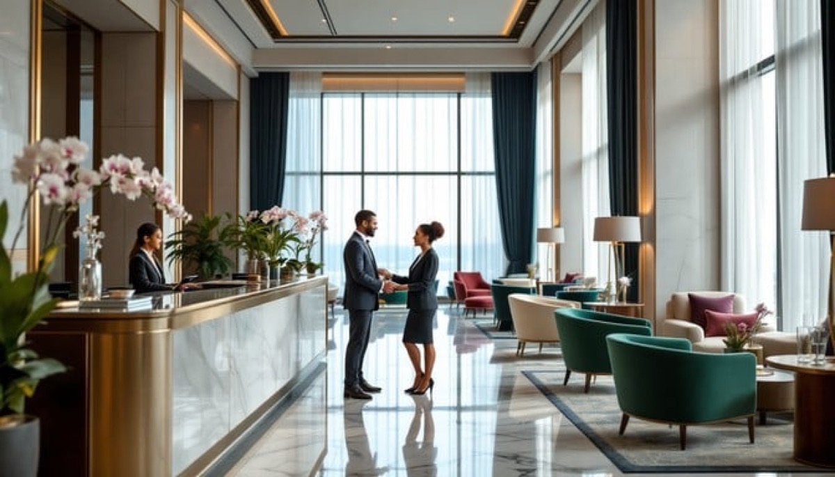 Guests being welcomed at a hotel reception