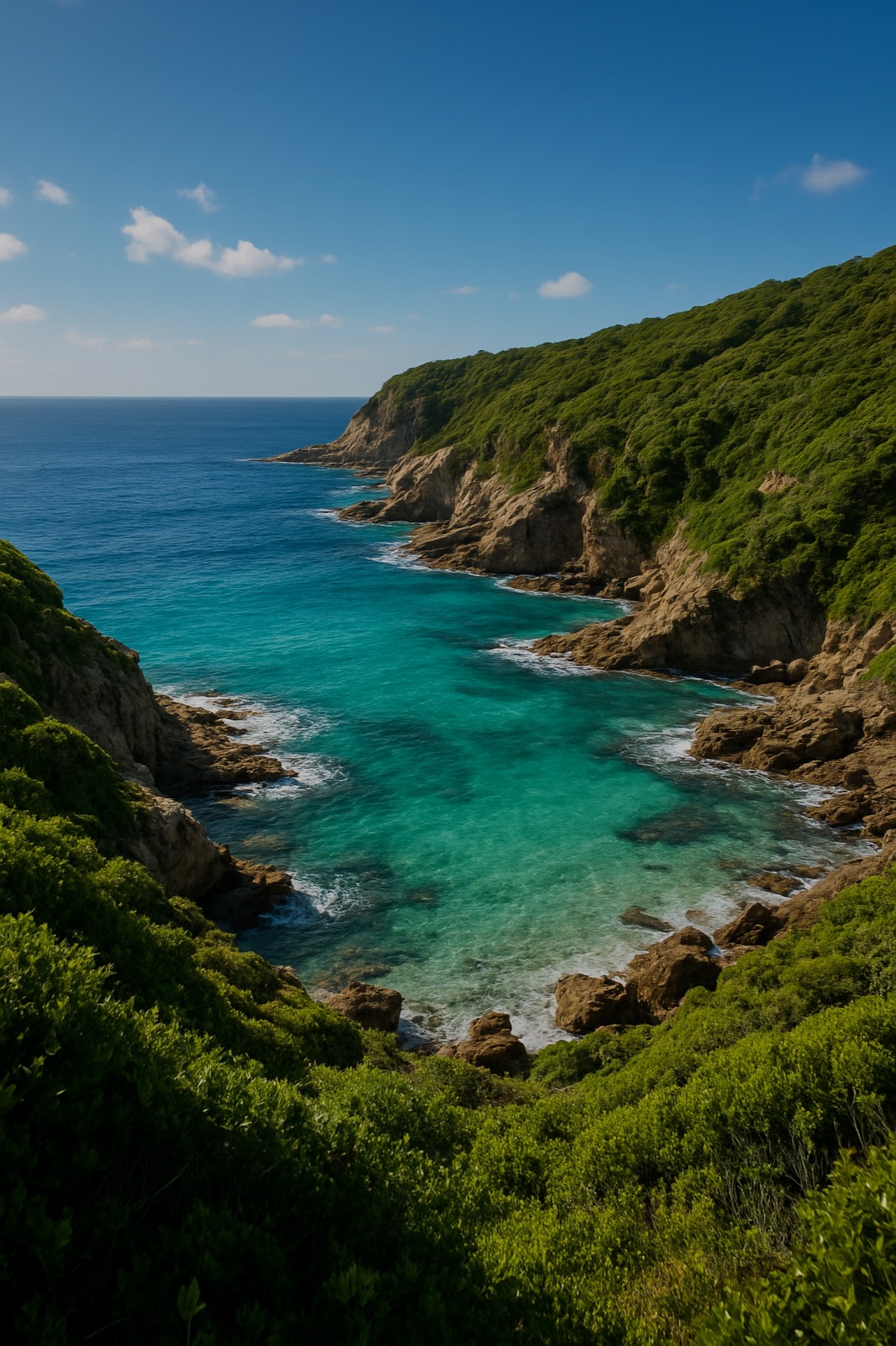 A dramatic coastline of turquoise water and green headlands